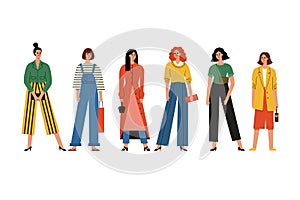 Beautiful women or girls standing together. High fashion. Group of happy female friends.Vector illustration