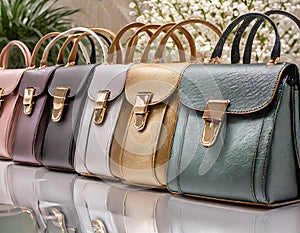 Beautiful women leather bags in varying pastel colors in a row