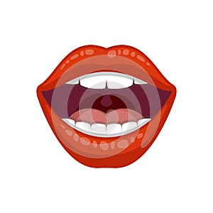 Beautiful women lip, great design for any purposes. Female lip with red lipstick. Open mouth with teeth.