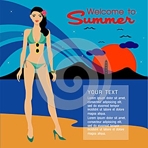 The Beautiful women long hair in green bikini design,vector design