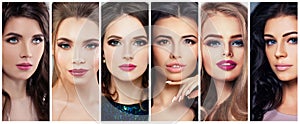 Beautiful Women with Perfect Makeup. Beauty Collage, Cute Faces