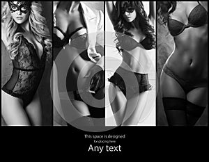 Beautiful women posing in underwear. Black and white lingerie collage.