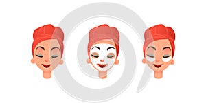 Beautiful women s faces. Girl with purifying mask and eye patches against circles under the eyes. Facial and eye care. Flat vector
