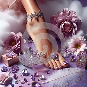 Beautiful women's legs with flowers and jewelry. The concept of spa, organic skin care. Female legs in petals