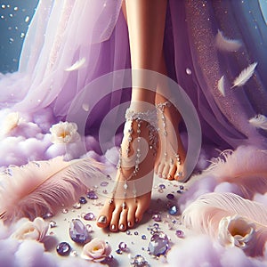 Beautiful women's legs with flowers and jewelry. The concept of spa, organic skin care. Female legs in petals