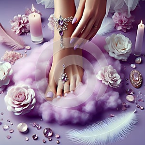 Beautiful women's legs with flowers and jewelry. The concept of spa, organic skin care. Female legs in petals