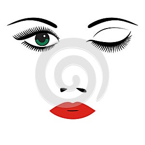 Beautiful women`s portrait. Long lashes, red lips, eyes, nose. V