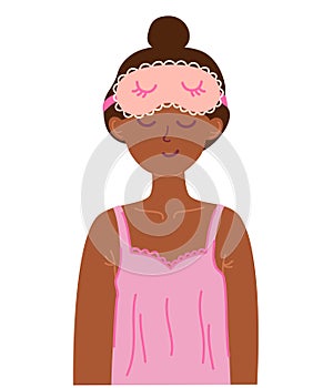 Beautiful women with sleeping mask. Dark-skinned girl is getting ready for bed in pajamas and a sleep mask.