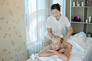 Beautiful caucasian women sleeping rest relax on bed for spa asia massage at luxury spa salon and relaxation.