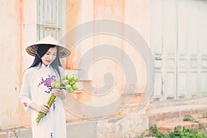 Beautiful women Vietnam with white ao dai dress