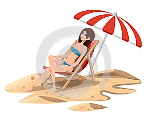 Beautiful women wear blue swimsuit relaxing on red beach chair under beach umbrella on vacation. Wooden lounge chair. Cartoon