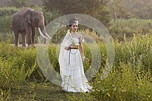 Beautiful women wearing white elephant village,Surin,Thailand