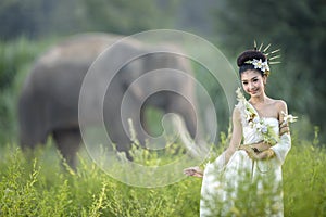 Beautiful women wearing white elephant village,Surin,Thailand photo