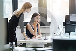 Beautiful women working together in the office on a computer