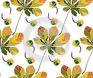 Beautiful wonderful graphic bright floral herbal autumn green chestnut leaves and chestnuts pattern vector illustration