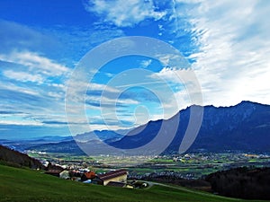 Beautiful wondrous clouds in the autumn Swiss sky above the Rhine valley and the Alpstein massif, Sevelen - Canton of St. Gallen