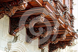 Beautiful Wood Carved Decorative Balcony of the Archbishop`s Palace of Lima, Plaza Mayor, Lima, Peru