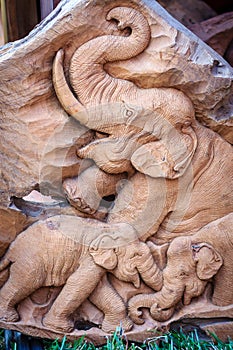 Beautiful Wood carving of elephant family. Antique Art Handmade