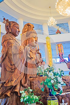 Beautiful wood statue of Guan Yin at Huay Pla Kang Temple, Chiang Rai, Thailand. Guan Yin is a female Bodhisattva in Thai Buddhism