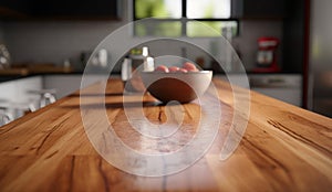 Beautiful wood table top with blur red tomato on dish and blur bokeh modern kitchen interior