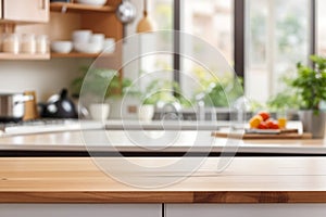 Beautiful wood table top counter and blur bokeh modern kitchen interior background