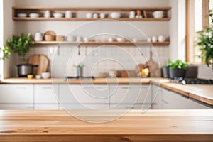 Beautiful wood table top counter and blur bokeh modern kitchen interior background