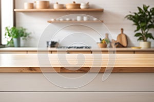 Beautiful wood table top counter and blur bokeh modern kitchen interior background