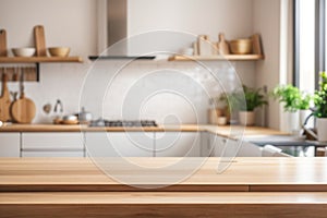 Beautiful wood table top counter and blur bokeh modern kitchen interior background