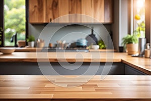 Beautiful wood table top counter and blur bokeh modern kitchen interior background