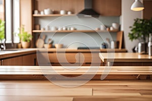 Beautiful wood table top counter and blur bokeh modern kitchen interior background