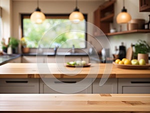 Beautiful wood table top counter and blur bokeh modern kitchen interior background