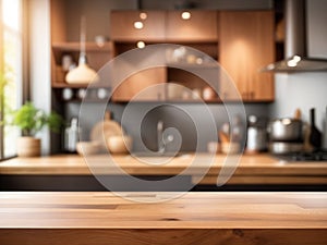 Beautiful wood table top counter and blur bokeh modern kitchen interior background