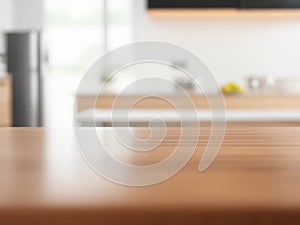 Beautiful wood table top counter and blur bokeh modern kitchen interior background