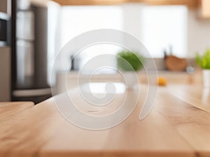 Beautiful wood table top counter and blur bokeh modern kitchen interior background