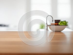 Beautiful wood table top counter and blur bokeh modern kitchen interior background