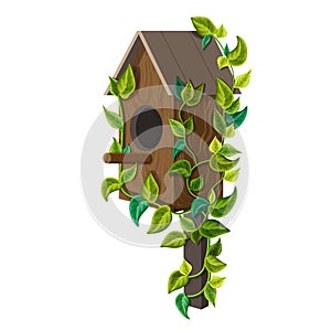 Beautiful Wooden birdhouse with green leaves isolated on white background. vector starling house in cartoon style