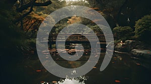 Beautiful wooden bridge over a dark calm lake with reflecting trees and serene nature