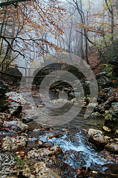 Beautiful wooden bridge over a mountain river in fall. Autumn forest. Djur-djur, Crimea