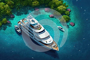 Beautiful wooden deck yacht at anchor in the stunning blue bay of the island, viewed from above. Generative ai