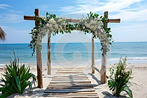 Beautiful wooden decorative arch with flowers and walkway on the beach for wedding ceremony