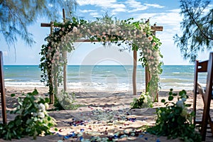 Beautiful wooden decorative arch with flowers and walkway on the beach for wedding ceremony