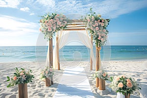 Beautiful wooden decorative arch with flowers and walkway on the beach for wedding ceremony