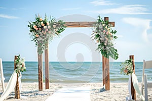 Beautiful wooden decorative arch with flowers and walkway on the beach for wedding ceremony