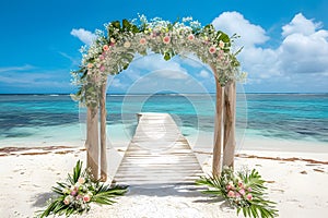 Beautiful wooden decorative arch with flowers and walkway on the beach for wedding ceremony