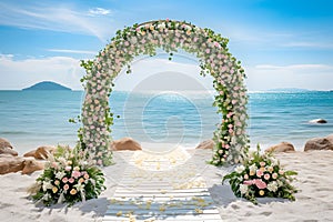 Beautiful wooden decorative arch with flowers and walkway on the beach for wedding ceremony