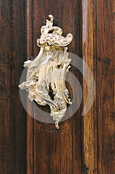 Beautiful wooden door with bronze knob Bratislava. Slovakia