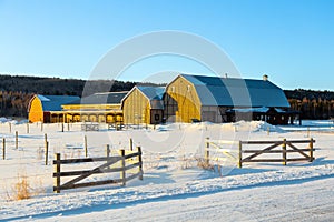 Beautiful wooden equestrian center with several large buildings and exterior stables seen in winter