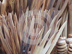 Beautiful wooden forks kitchen utensils for preparing food photo