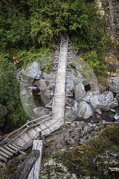 Beautiful wooden hand-made bridge in the eco path. Nature preservation while giving people