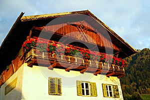 Beautiful wooden house in Hallstatt village, on the coast of Hallstatt lake.